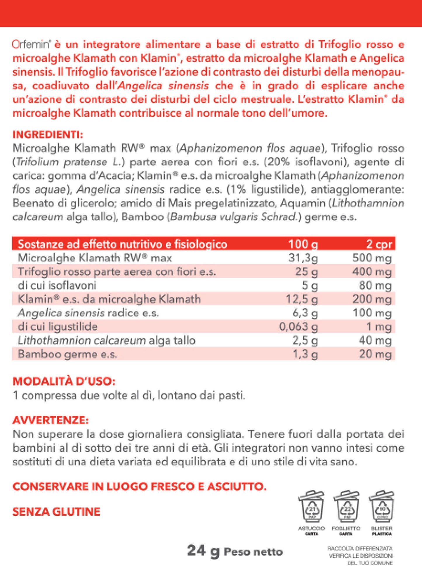etichetta dell'integratore naturale per la menopausa orfemin