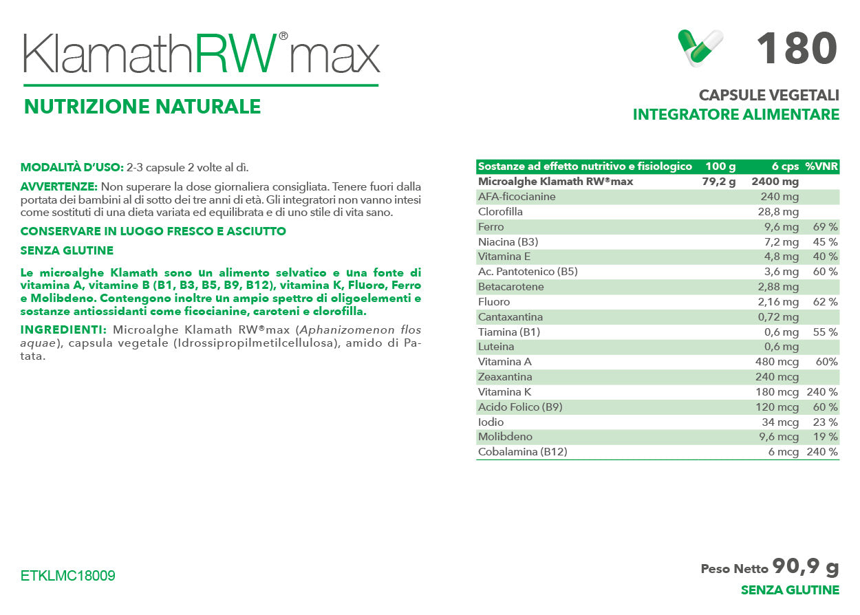 etichetta alga klamath rw max integratore 180 cps