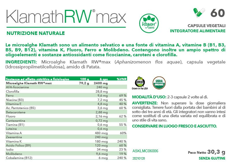 etichetta alga klamath rw max integratore 60 cps