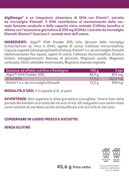 etichetta dell'integratore di DHA AlgOmega