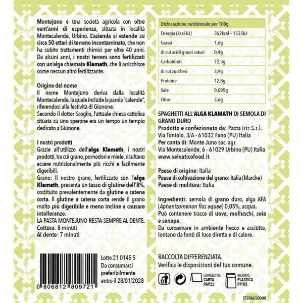 etichetta Spaghetti all'alga klamath di semola di grano duro