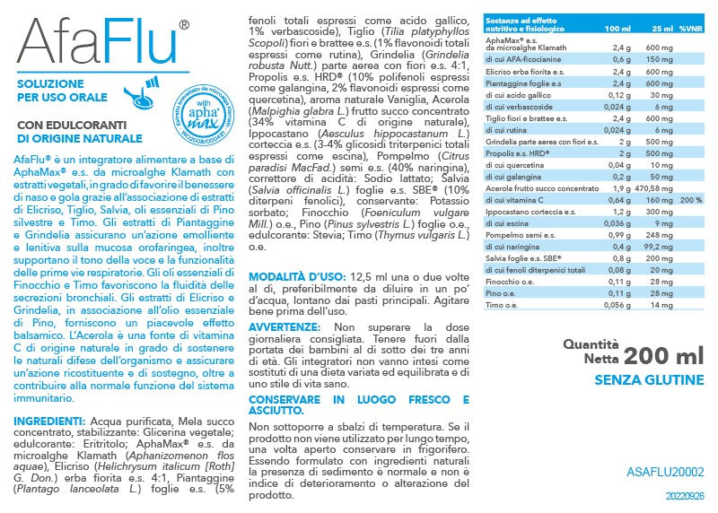 etichetta dello sciroppo balsamico AfaFlu Nutrigea